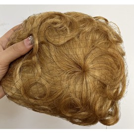 Maery 7" Short Curly Real Human Hair Topper with Front Bangs for Women,Breathable Wiglets Hairpieces 5.1x5.5" Large Coverage Women Toupee Clip in Top Hair Pieces Wavy Topper Wigs(Strawberry Blonde)