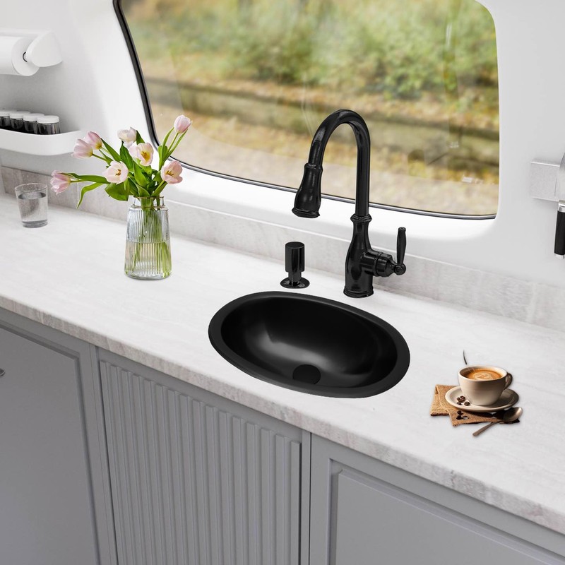 LQS Black Oval RV Kitchen Sinks, 16.73" x 11.81" Small