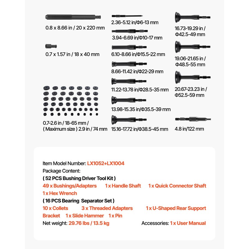 VEVOR Bearing Press Kit, 52+16 Pcs, 2 in 1 Bushing