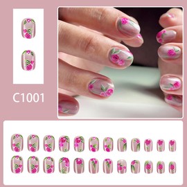 Rose Press on Nails Glass Pink Fake Nails Short Squoval False Nails Press ons,Reusable Artificial Nails Glossy Full Cover Stick on Nails for Women Manicure 24 Pcs