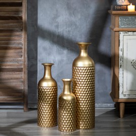 Sziqiqi Tall Gold Floor Vase: 27in Large Metal Floor Vase Decorative Tall - Set of 3 Modern Honeycomb Texture Big Standing Vase for Living Room Dining Bedroom Home Corner Hallway Indoor Office