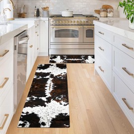 LHAIFA Black Cow Kitchen Mat Set of 2 Non Slip Thick Kitchen Rugs and Mats Cow Skin Printing Anti-Fatigue Kitchen Rugs Floor Mats for Sink Laundry, 17.7"x47"+17.7"x28" (Black, 17.7"x47"+17.7"x28")