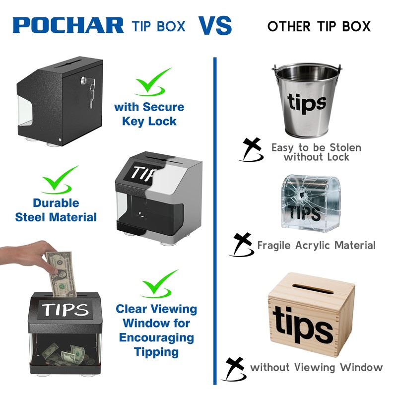 POCHAR Metal Tip Box - Tip Jar with Lock &