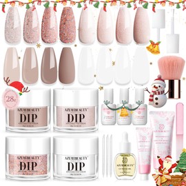 AZUREBEAUTY Dip Powder Nail Kit Starter 28g/1Oz Glitter Nude Brown Nail Dip Powder Kit with Hand Scrub/Cream Cuticle Oil Top/Base Coat Activator Dip Powder Liquid Set for Home Salon Gifts