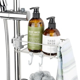 DeHUB Stainless Shower Caddy 7" with Hooks for Bathroom, Shower, Sink, Countertop, Shampoo, Soap, Sponge, Easy Installation, Dual Locking Clamp, No Drilling, No Glue, Height Adjustable, Silver