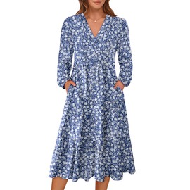 ANRABESS Women's Long Lantern Sleeve Floral Midi Dresses 2025 Fall V Neck Casual Flowy A-line Tiered Boho Vacation Long Dress Floral Blue X-Large
