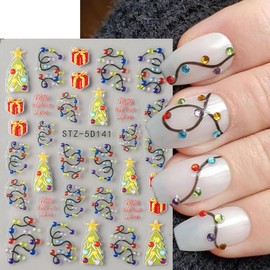 POWPOP Christmas Nail Art Stickers 5D Embossed Colorful Light Nail Decals 2PCS Xmas Tree String Light Gift Box Self-Adhesive Xmas Nails Design Nail Art Supplies Stickers for Women Manicure Decorations