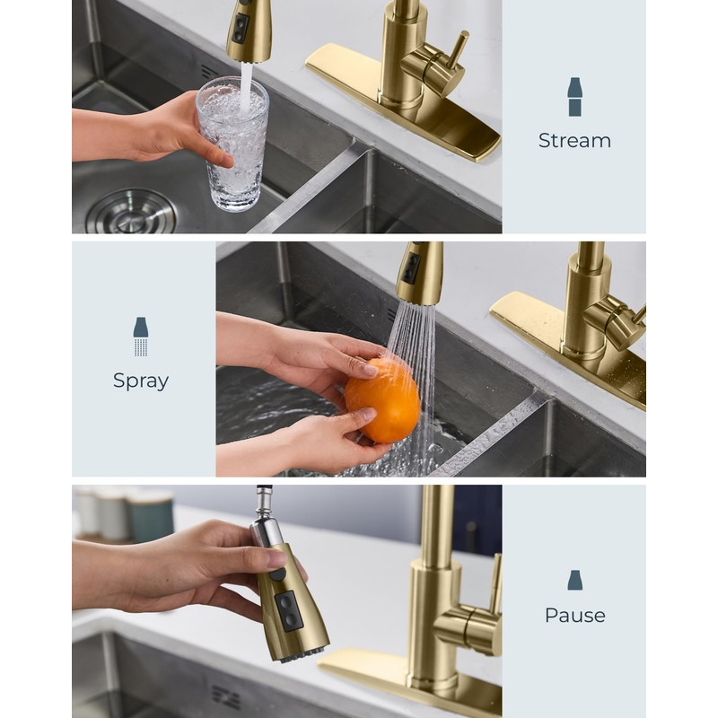 FORIOUS Gold Kitchen Faucet with Pull Down Sprayer, Bar High