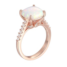 Tirafina Solitaire Cushion Cut Lab-Created Opal Ring with Lab-Created Sapphire Sides, 14K Rose Gold-Plated Sterling Silver (10 mm stone)