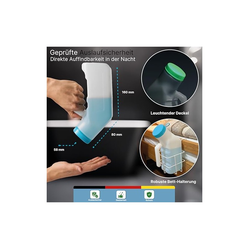 Leak-proof urine bottle for men made of solid plastic including