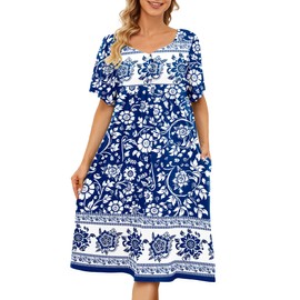 udforsk Mumu Dresses for Women House Dresses for Elderly Womens Lounge Dress Patio Dress Sleep Shirt Blue and White Porcelain L