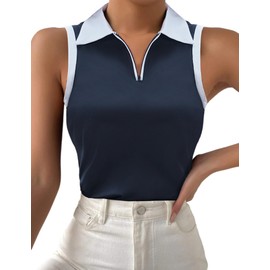 Zeagoo Womens Tank Tops Summer Cute Color-Block Sleeveless UV Polo Shirts Zip Up V Neck Cami Tees Navy Blue S