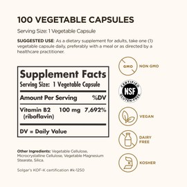 Solgar Vitamin B2 (Riboflavin) 100mg, 100 Vegetable Capsules - Energy Metabolism, Healthy Nervous System - Non-GMO, Vegan, Gluten Free, Dairy Free, Kosher - 100 Servings