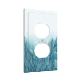 Yamxbfa Blue Marble Abstract Golden Teal Leaves Plant 1 Gang Single Duplex Light Switch Plate Outlet Cover Decorative Wall Plate Switchplate Electrical Faceplate for Bathroom Bedroom Kitchen Decor