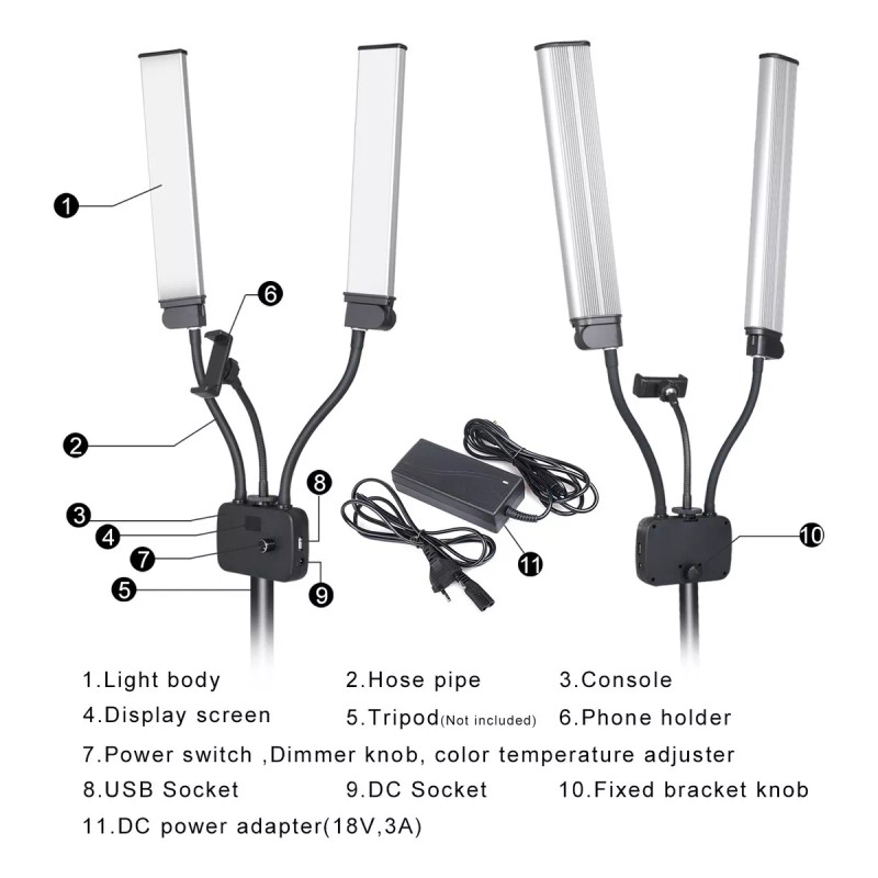 generic Lámpara Led De Doble Brazo Con Trípode De 2m