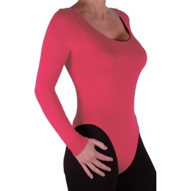 Eye Catch Basic - Womens Long Sleeve Bodysuit Stretch Ladies Leotard Scoop Neck Body Top Deep Coral M/L