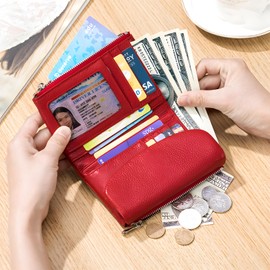 YRounee Genuine Leather Wallet for Women, Slim RFID Clutch with Coin Pocket, Soft Pebble Short Card Holder ID Case 5.3in (Red)