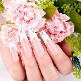 cobee Press on Nails Square Long, 360 Pieces Coffin Artificial Nails French Tip Nude Colour False Nail Glossy Full Cover Glue on Nails Ballerina Nail Art Manicure Decorations (Trapezium)