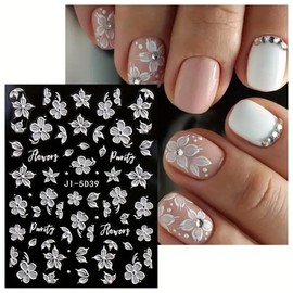 White Flower Nail Art Stickers Decals 3PCS Spring Flowers 5D Embossed Nail Decals White Flower Leaf Design Self-Adhesive Nail Art Supplies Manicure Sliders for Women Girls Summer Nail Art Decorations