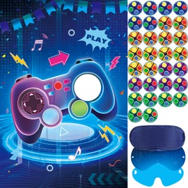 Hxezoc Pin The Button On The Video Party Game With 36 Pcs Video Game Button Stickers, Large Video Game Poster for Kids Boys Game Theme Birthday Party, Carnival Party Supplies