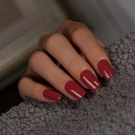 KQueenest Dark Red Press on Nails Short Medium Square, Short False Nails with Glue, Glossy Solid Burgundy Red Fake Nails Press ons, Coffin Reusable Gel Stick on Nail for Women 28 Pcs, Maroon