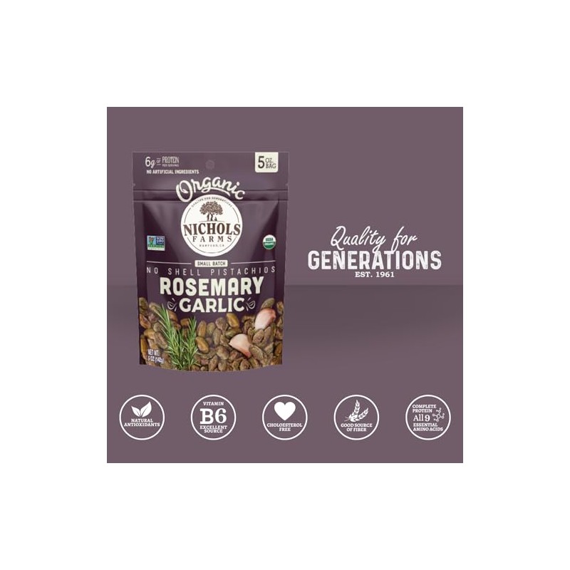 Nichols Farms Roasted with Sea Salt No Shell Pistachios, Kosher,