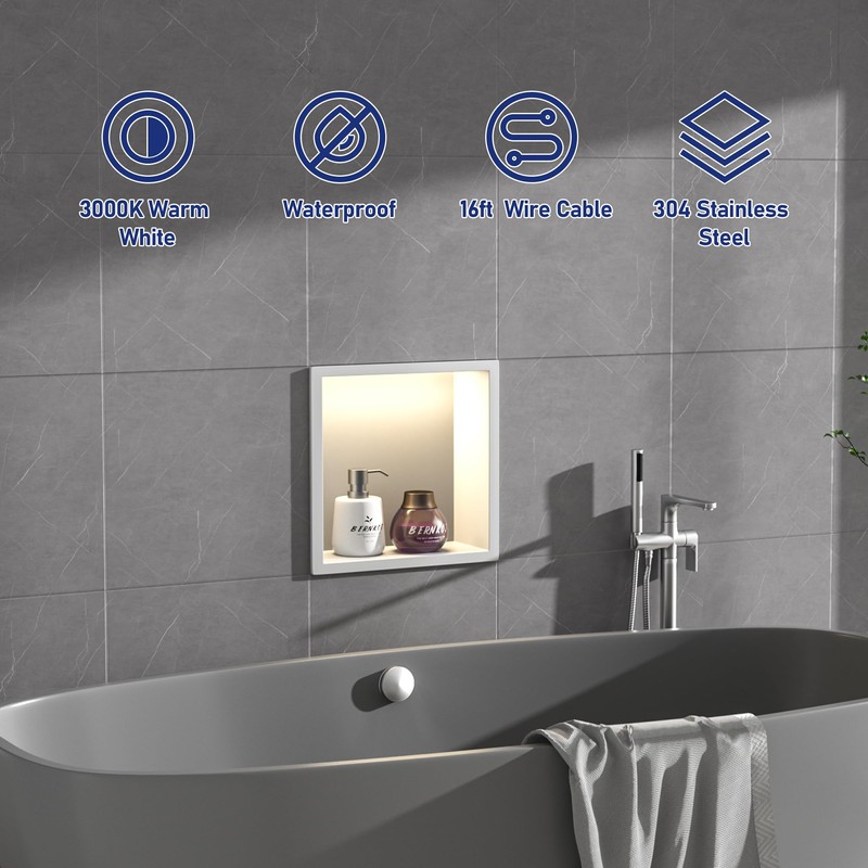 Bernkot Stainless Steel Led Shower Niche 12" X 12" White