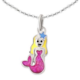 CLEVER SCHMUCK Girls' Necklace Mermaid Pendant Colourful Glitter with Anchor Chain 40 cm 925 Sterling Silver, Sterling Silver