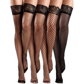 Bencailor 4 Pairs Hold-Up Fishnet Stockings Lace Stockings Thigh High Stockings for Women, black