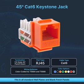 SATMAXIMUM 10 Pack Cat6 Keystone Ethernet Wall Jacks RJ45 Punch Down Slim Profile UTP Orange, 45 Degree for Patch Panel & Wall Plate, Supports Up to 10Gbps