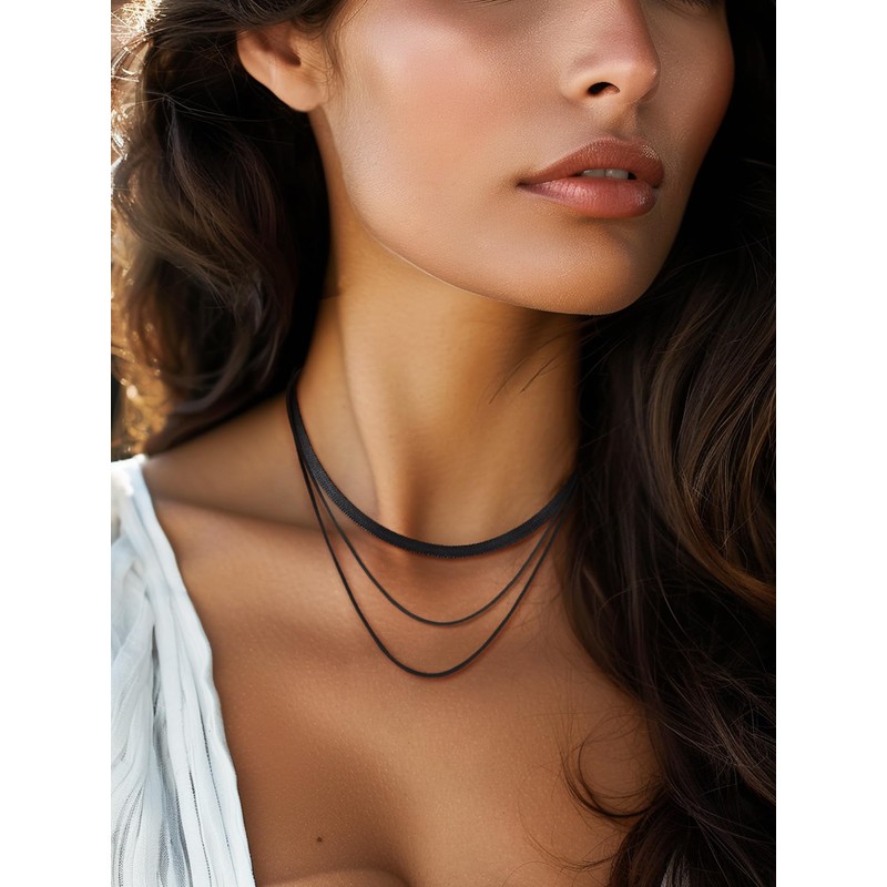 FOCALOOK Snake Chain 1.2MM Thin Solid Black Chain Necklace for