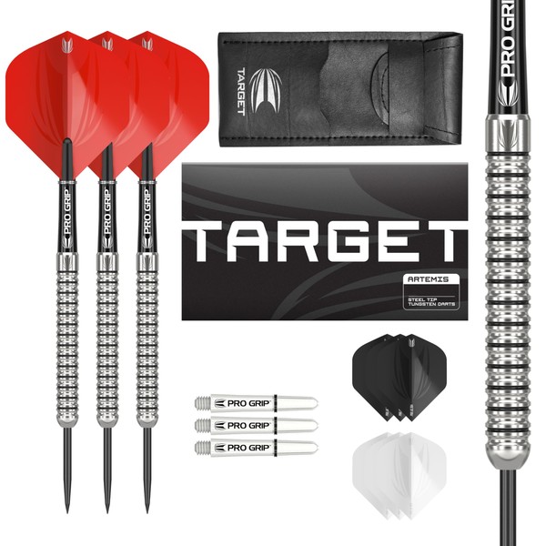 Target Darts Artemis 25G Tungsten Steel Tip Darts Set - 6 Arbres Pro Grip - 9 Pro Ultra Flights – Dart Wallet - Dart Counter App Coupon Bundle