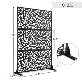 Metal Privacy Screen Outdoor 72" H×47" W,Freestanding Decorative Privacy Screen for Balcony Yard&Garden,Privacy Fence-Black&Net