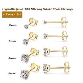 Sterling Silver Stud Earrings for Women Men- 4 Pairs Gold Cubic Zirconia CZ Studs Small Round Simulated Diamond Earrings Cartilage Tragus Helix Earrings Set (2mm 3mm 4mm 5mm)