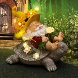 Garden Gnomes Decor Turtle Statue with 5 Led Lights Solar Outdoor Decorations Lovely Resin Waterproof Figurine for Patio, Yard, Balcony, Lawn Ornament Unique Housewarming Gifts for Women, Mom, Grandma