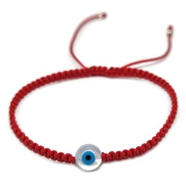 MYSTIC JEWELS By Dalia Red Macrome Thread Bracelet with Mother of Pearl and Turkish Eye Protection Good Luck, Cotton,