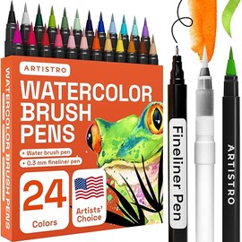 ARTISTRO 24 Watercolor Markers with Flexible Brush Pens for Pros & Beginners - Consistent, Smooth, Washable, Non-Toxic, Ideal for Coloring, Calligraphy, & Manga