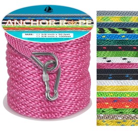 Anchor Rope 50 Ft 3/8 in, Premium Solid MFP Braid Anchor Line with Heavy Duty 316 Stainless Steel Thimble & Snap Hook, Boat Anchor Rope Marine Rope for Anchor and Boat - Pink