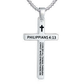 Fiusem Silver Tone Cross Necklace for Men, Bible Verse PHILIPPIANS 4:13 Cross Pendant with 2.5mm Box Chain 22 Inch