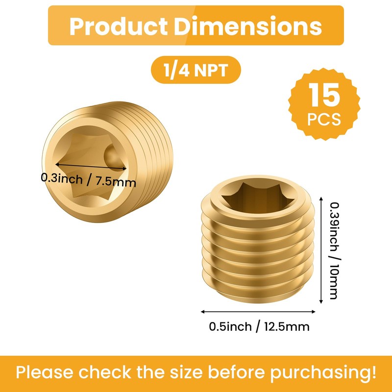 Aifeier ET 15 PCS 1/4” NPT Brass Pipe Plug Fitting