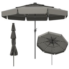 Tangkula 10 FT Solar LED Patio Umbrella, 3-Tiers Scalloped Outdoor Table Market Umbrella with 32 LED Lights, Tilt Adjustment, Crank, 8 Sturdy Ribs for Pool, Deck, Backyard (Gray)