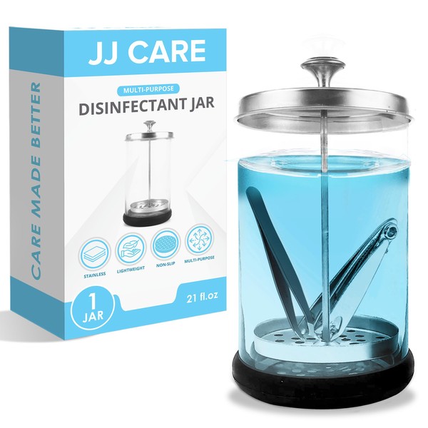 JJ CARE Disinfectant Jar (21oz) - Barber Jar Glass, Sanitizer Disinfectant Glass Jar, Barber Disinfectant Jar, Implement Disinfectant Container w/Stainless Steel Removable Strainer & Cap - Silver Lid