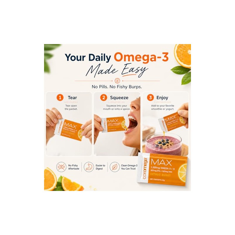 Coromega Max High Concentrate Omega-3 Fish Oil Squeeze Packets, DHA