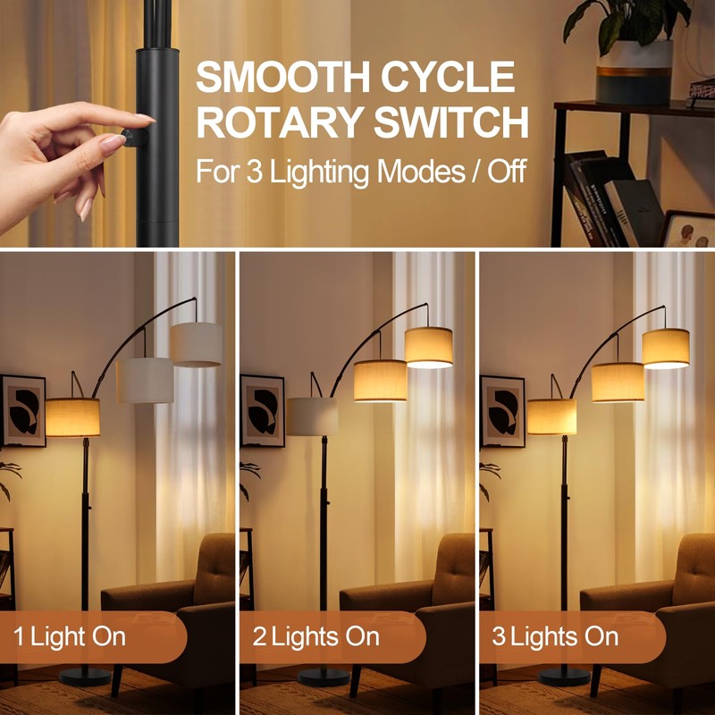 OUTON Arc Led Floor Lamp, Modern Black 3 Light Tall