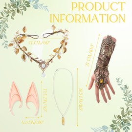 4PCS Forest Fairy Ears Costume Accessories, WoodlandFairy Crown Headband Lace Gloves Pixie Elf Ear VikingNecklace, Renaissance Elf Costume for Women GirlsHalloween Cosplay Costume Party (Gold)