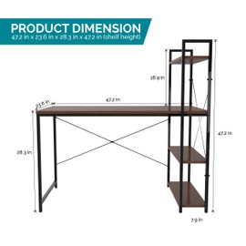 Halter Computer Desk, Gaming Desk, Industrial Designed Home Office Table, Reversible Desk with Built in 3 Tier Storage Shelf, 47.2 Inches, Brown