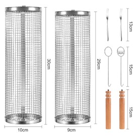 Pack of 2 Rolling Grill Basket with Wooden Handle, Cylindrical Stainless Steel Grill Basket, Outdoor Camping Picnic Barbecue Accessories, Grill Accessories for Men, Grill Accessories for Gas Grill,