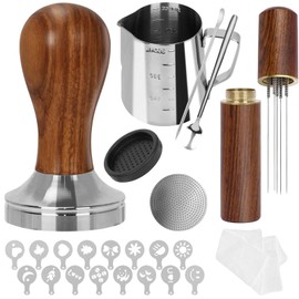 Gmnuiy51mm Coffee Tamper Set 24PCS, Espresso Accessories Kit Barista Kit,316stainlesss Tamper & WDT Tool,316stainlesss Frothing Pitcher, Stirrer, Tamper Mat, Latte Art Pen Coffee puck screen (brown)