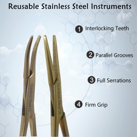 2 Pcs Multipurpose Mosquito Hemostat Locking Forceps with Curved + Straight Serrated Jaws Comes in Full Gold Colour 5" Long Stainless Steel Pliers Used for Holding Objects, Pet Grooming, Fishing + More