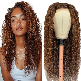 Tuheerst Curly Wave Human Hair Wig Brown Real Hair Wig Women's P430 Highlight 4x4 Lace Brazilian Real Hair Glueless Wear and Go Pre Bleached Knots with Baby Hair for Woman 18 Inches